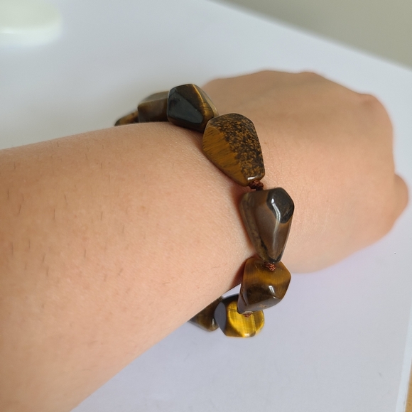 Vintage Boho Chunky Brown Tiger's Eye Gemstone Adjustable Beaded String Bracelet - Picture 5 of 7